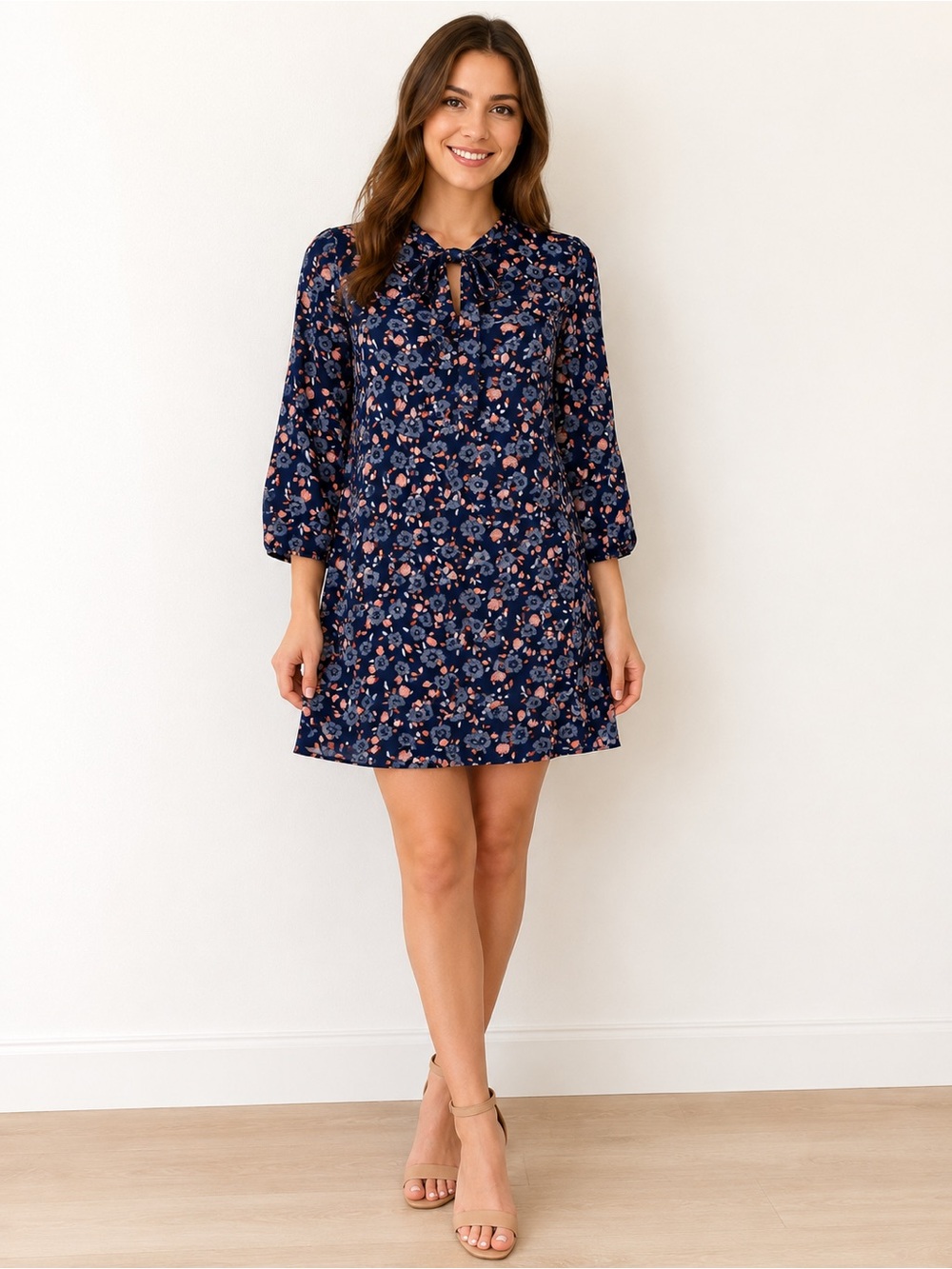 DR2 Navy Blue Floral Print Tie Neck Shift Dress Above Knee Size S